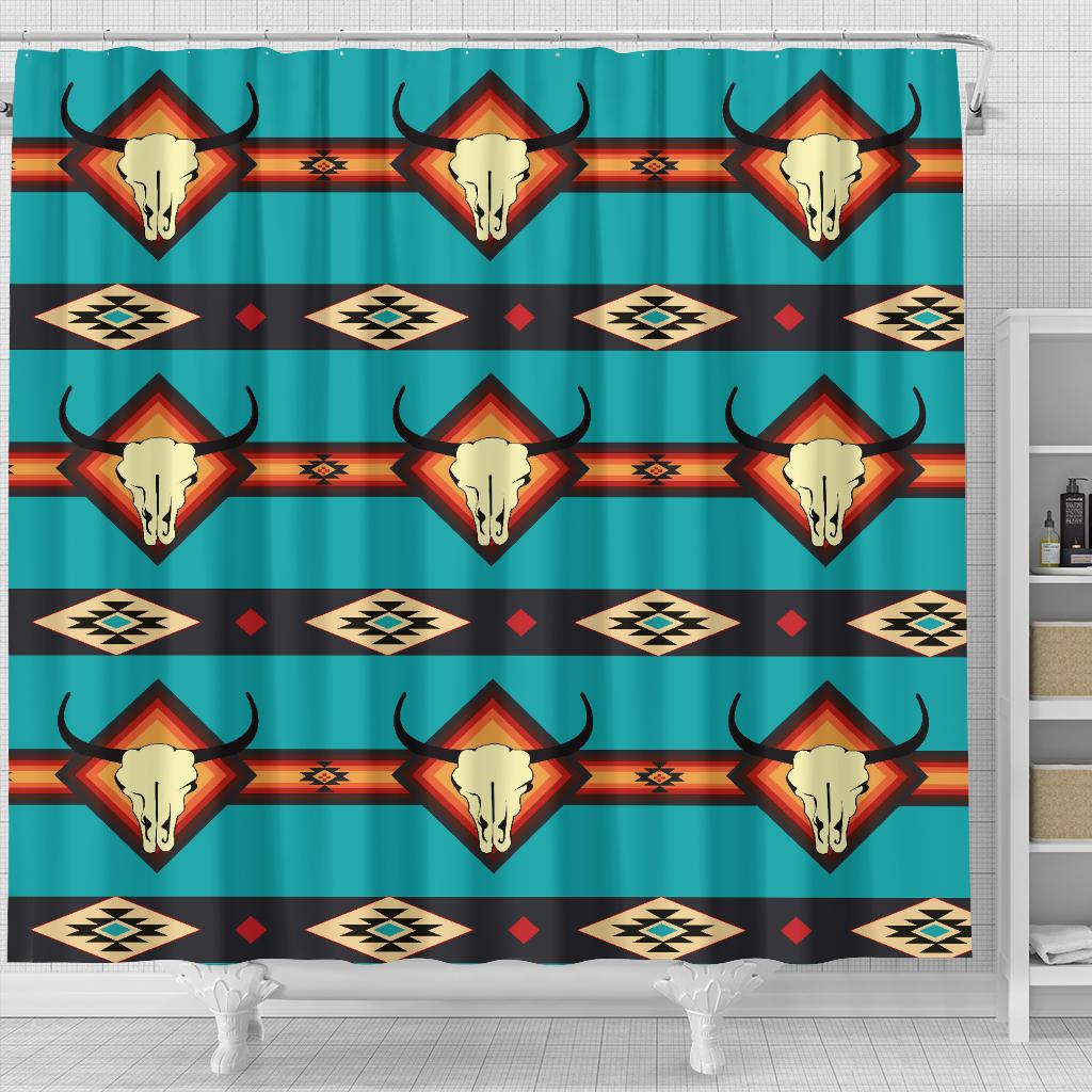 Blue shower curtain with bull skulls and diamond patterns, hanging rings at top