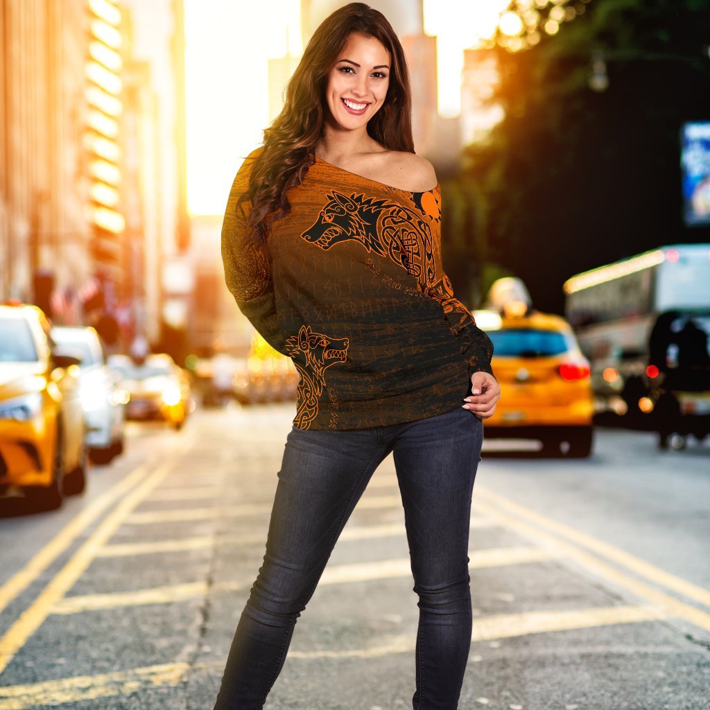 Viking Women's Off Shoulder Sweater, Skoll and Hati Orange RLT12 - Wonder Print Shop