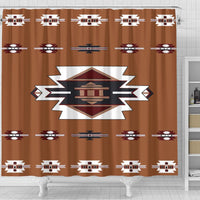 Brown shower curtain with grommet rings and multicolor geometric border pattern