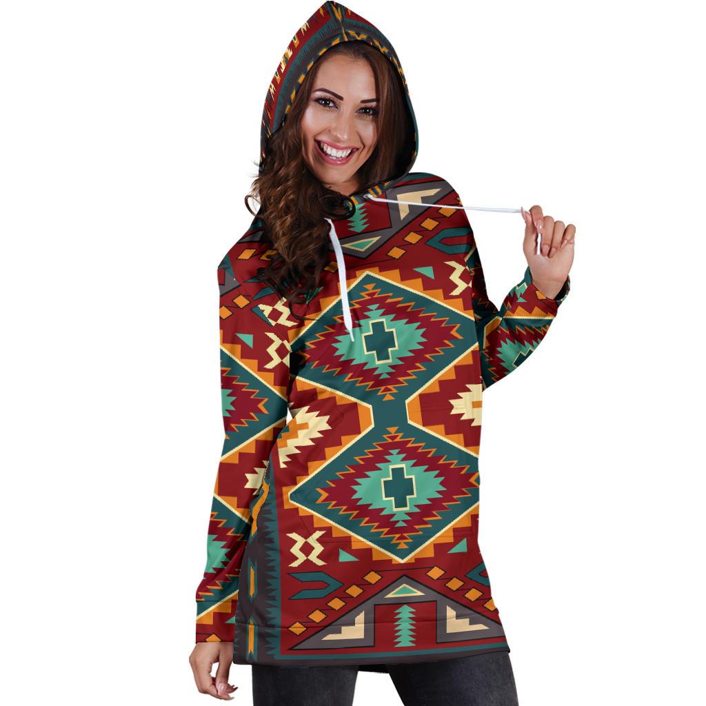 Tribe Ethnic Red Pattern Native American Hoodie Dress LT10 - Wonder Print Shop