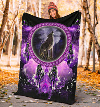 Dream catcher blanket outdoors with wolf on purple moon and glowing feathered wings