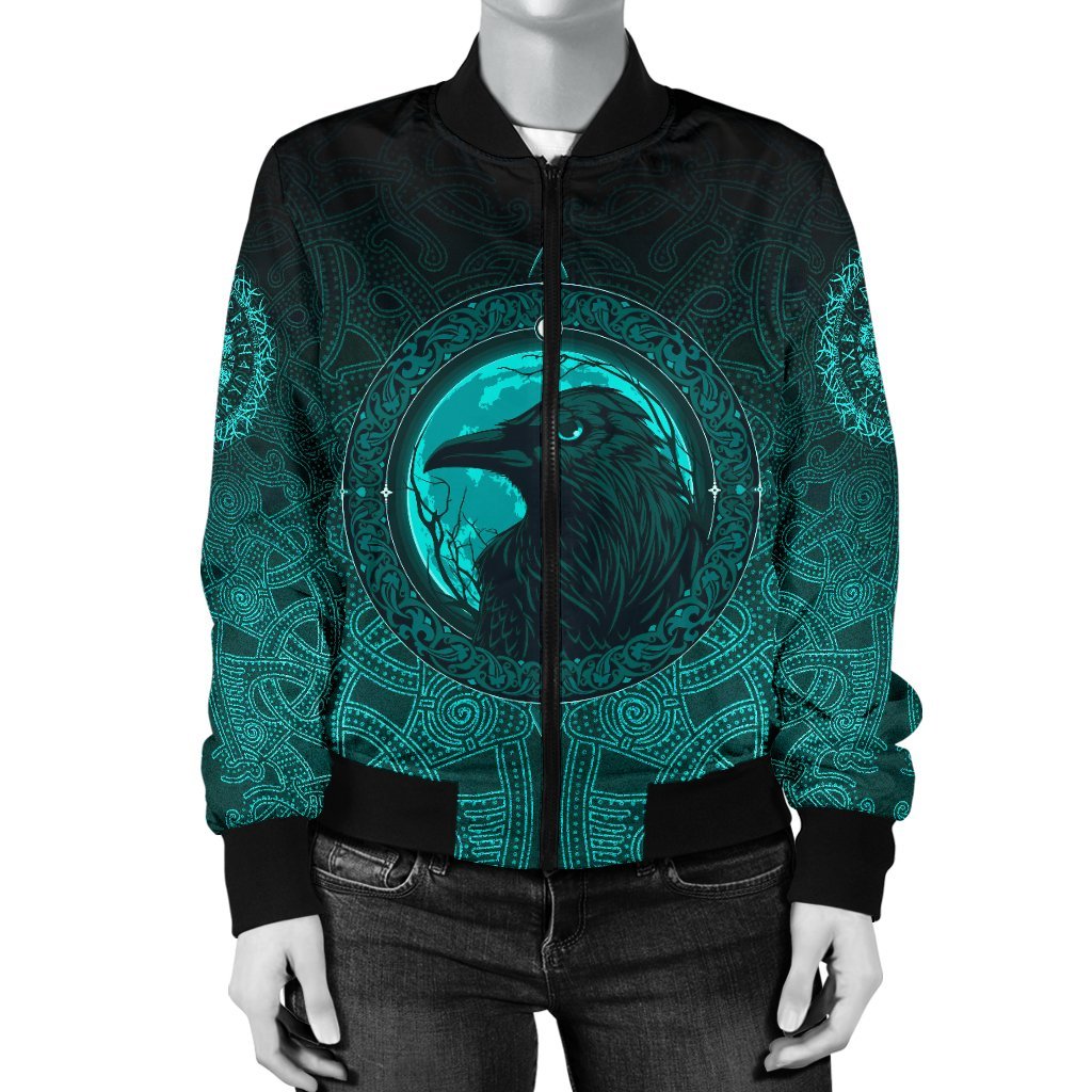Viking Women's Bomber Jacket, Ethnic Odin Raven Cyan RLT12 - Wonder Print Shop