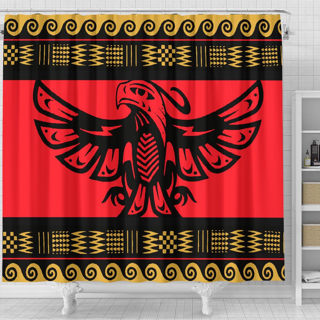 Red shower curtain with symmetrical black eagle design and gold geometric banding