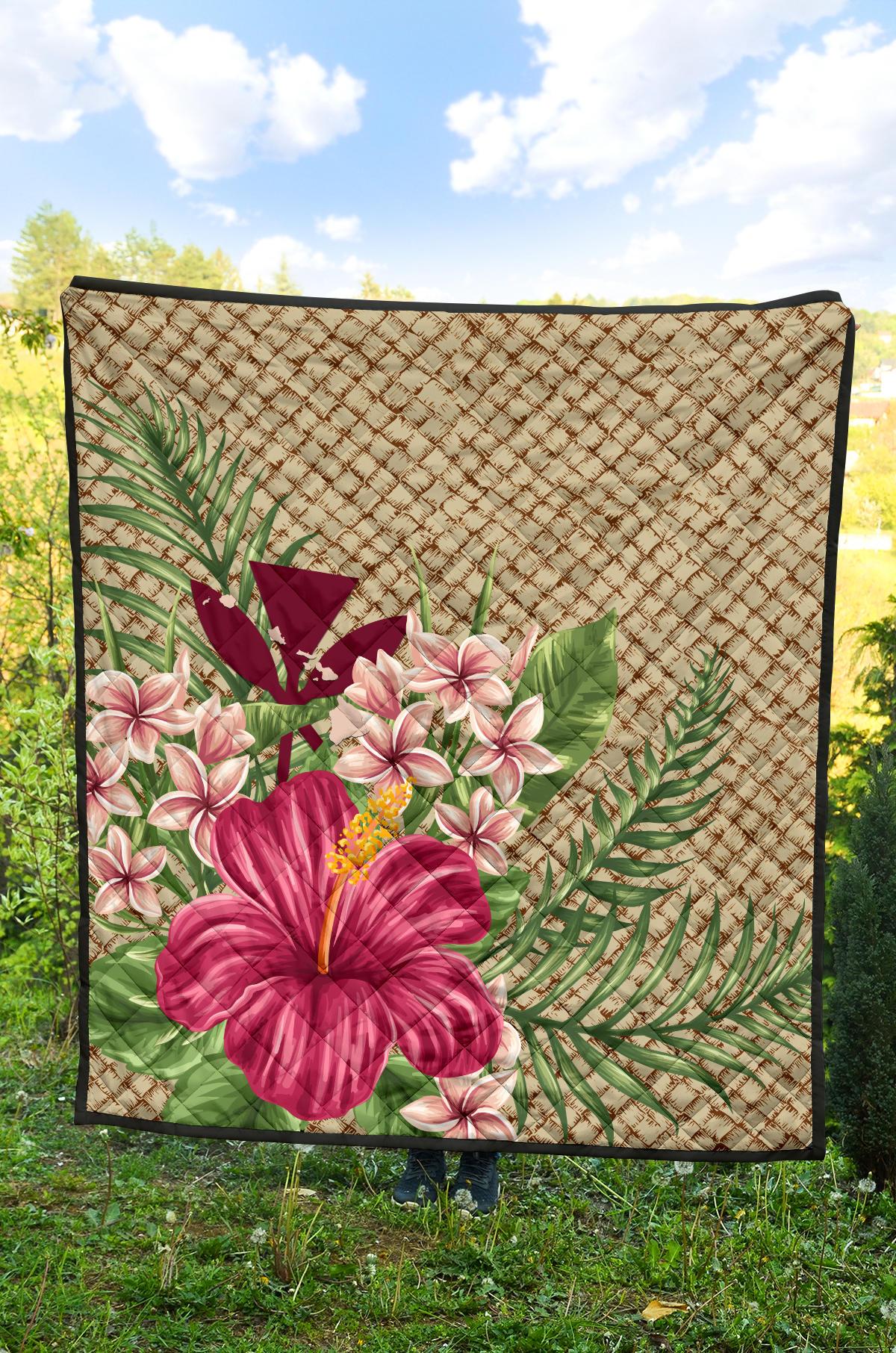 Kanaka Maoli (Hawaiian) Premium Quilt - Lauhala Hibiscus and Plumeria - Wonder Print Shop