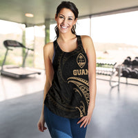 Black racerback tank with gold Guam tribal wave print and scoop neckline