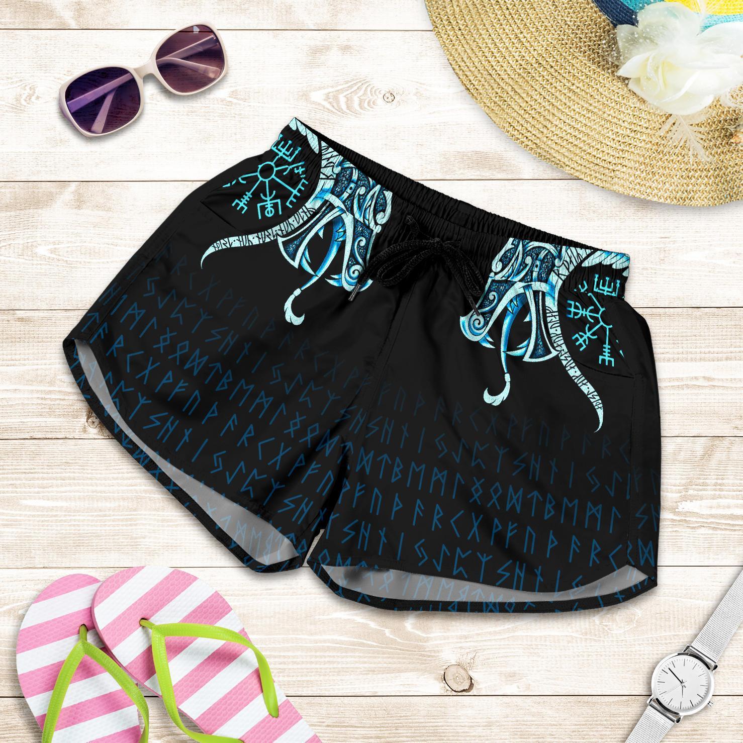 viking-womens-shorts-fenrir-raven-and-vegvisir-tattoo-cyan