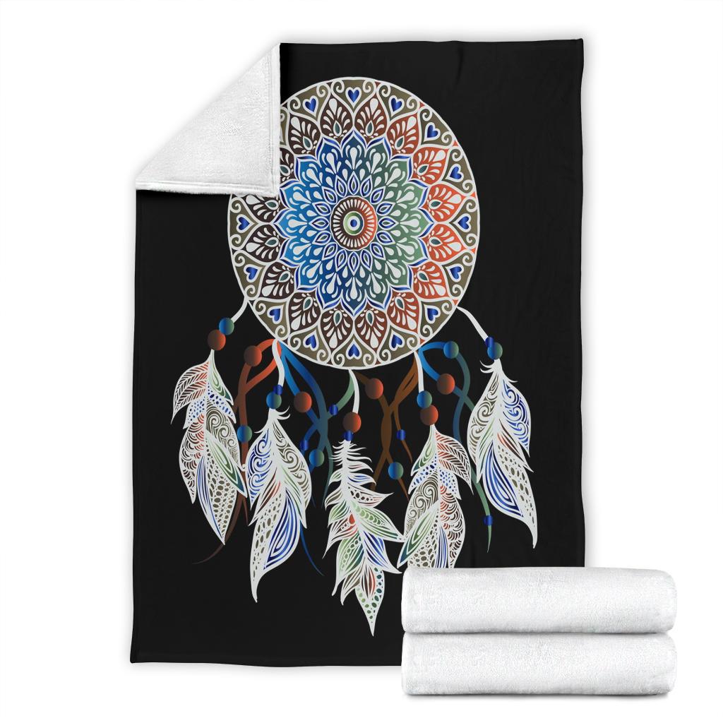 Black folded dreamcatcher blanket with multicolor mandala circle and feather motif