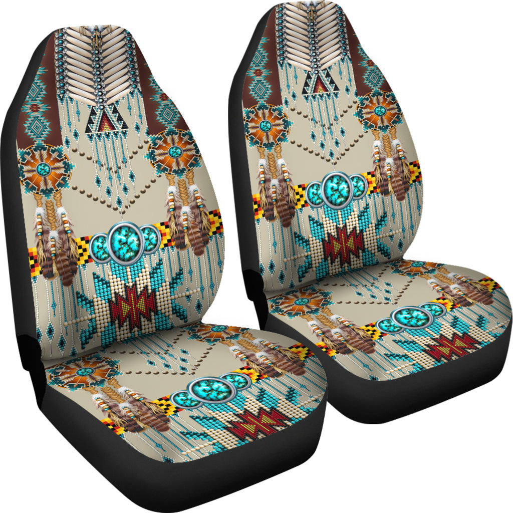 Turquoise blue patterned front seat cover set, beaded fringe, triangles, and central round motif