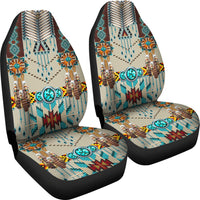 Turquoise blue patterned front seat cover set, beaded fringe, triangles, and central round motif