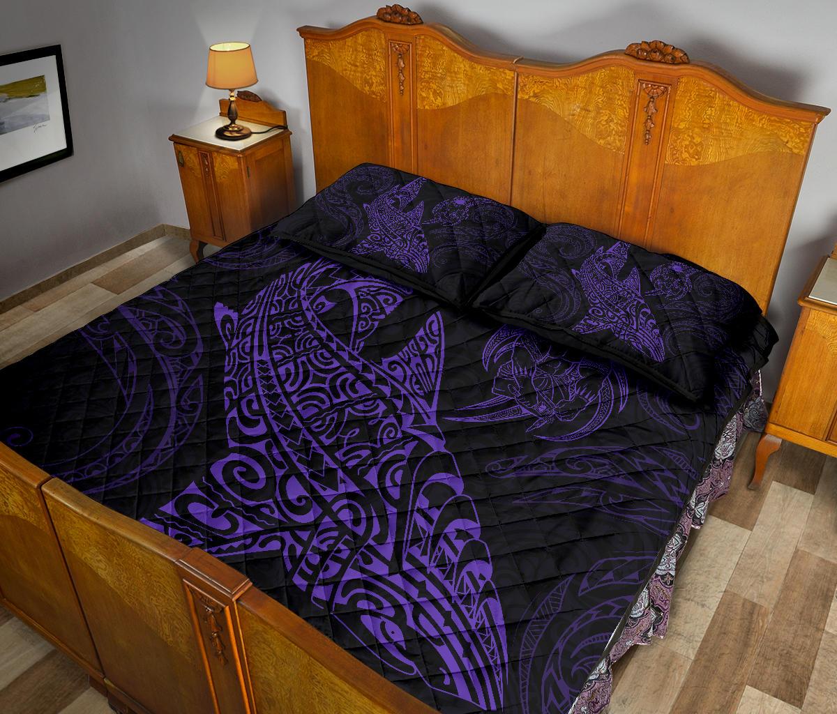 Polynesian Quilt Bed Set - Polynesian Purple Shark Warrior Tattoo - Wonder Print Shop