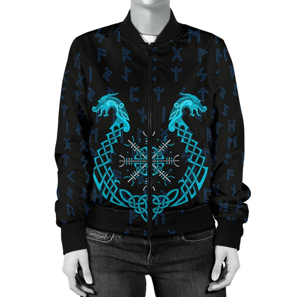 Viking Women's Bomber Jacket, Aegishjalmur Helm Of Awe Blue Edition RLT12 - Wonder Print Shop