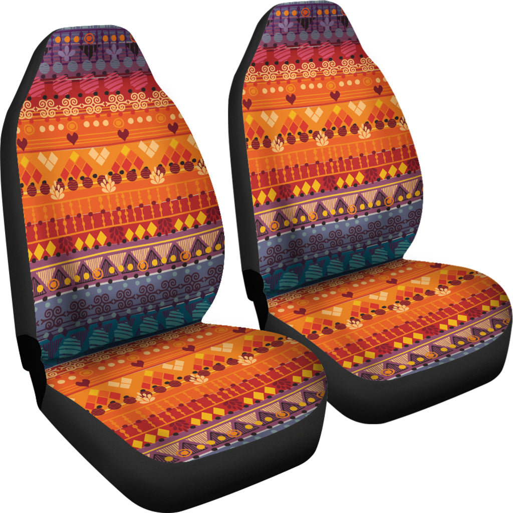 Set of colorful tribal car seat covers; orange cushion with purple patterned backrests