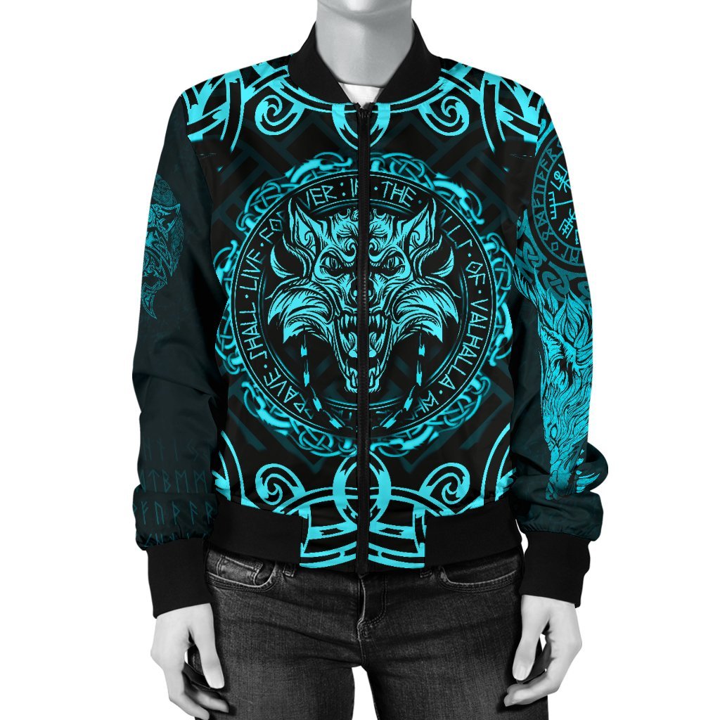Viking Women's Bomber Jacket - Fenrir Viking Cyan 3D RLT12 - Wonder Print Shop