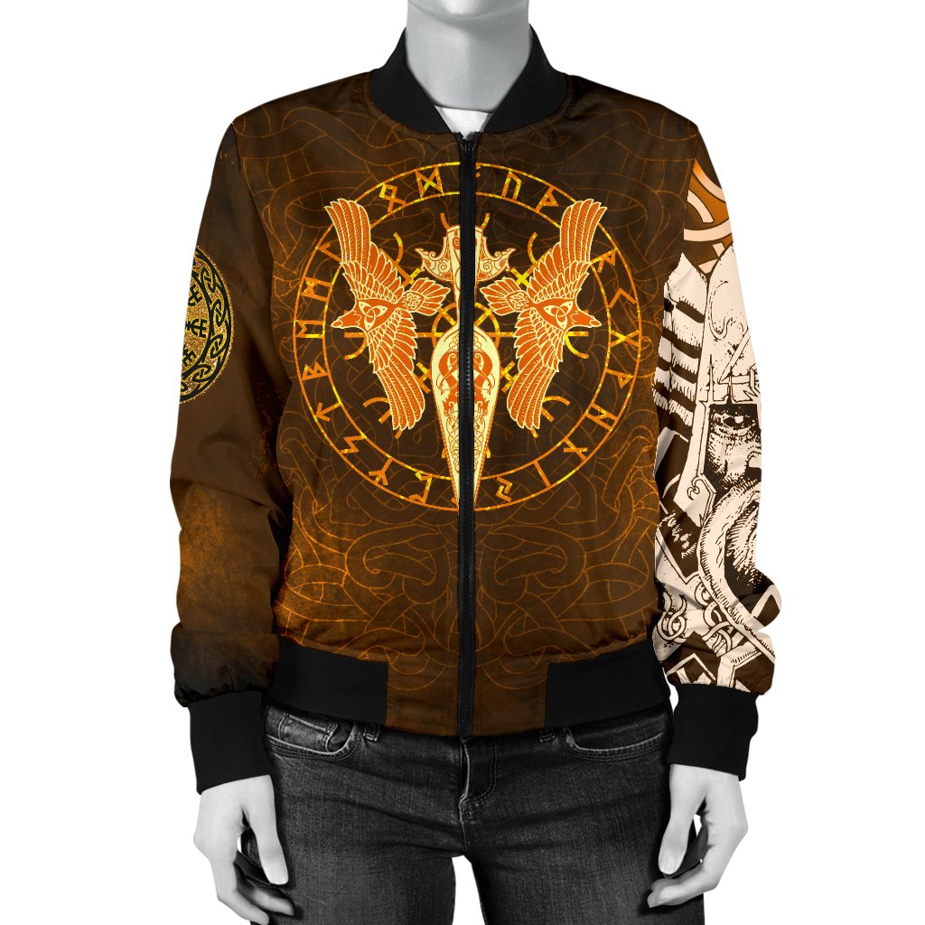 Viking Women's Bomber Jackets Gold Spear Of The God Odin - Gungnir and Two Gold Ravens RLT12 - Wonder Print Shop