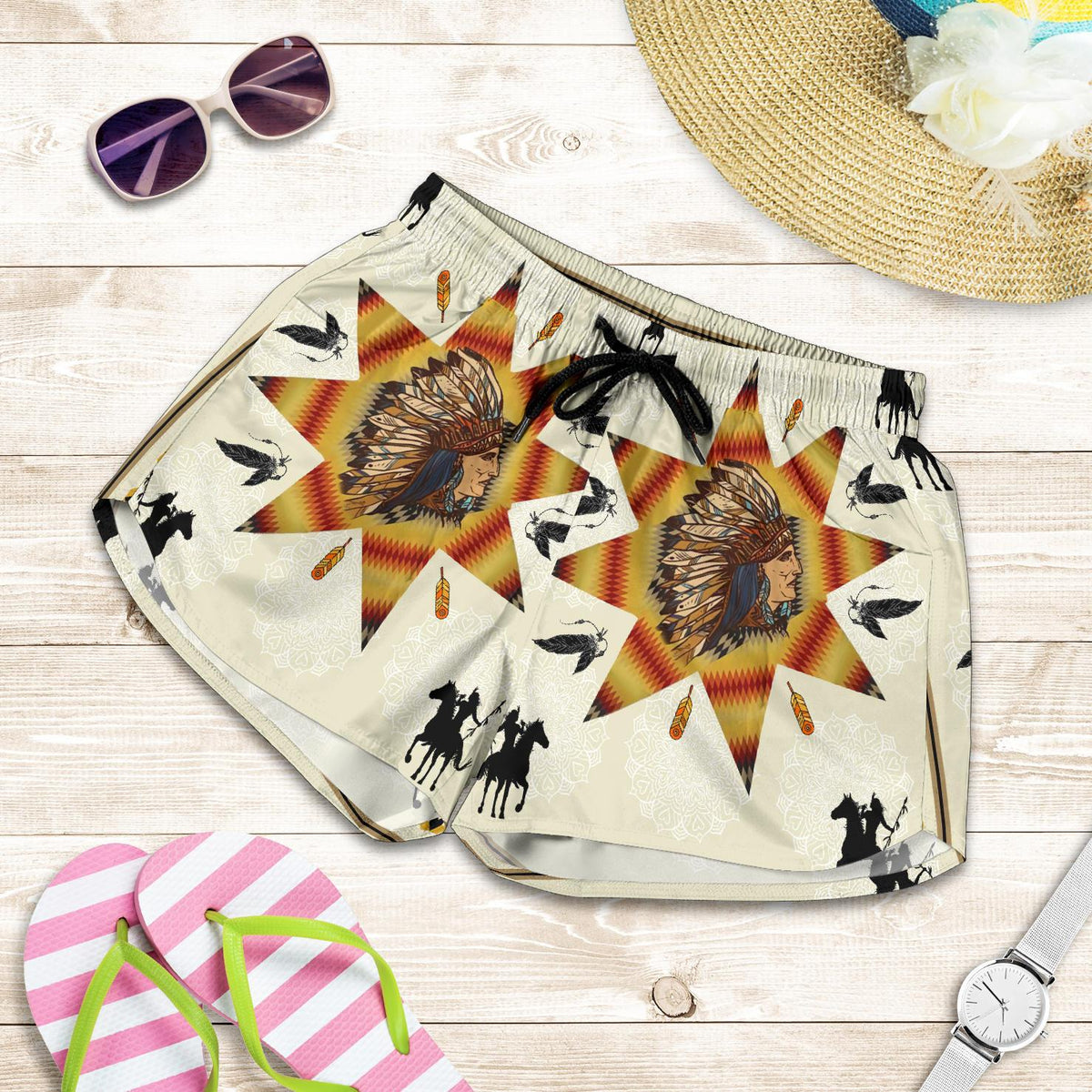 native-american-tribe-chief-and-warriors-all-over-print-women-shorts