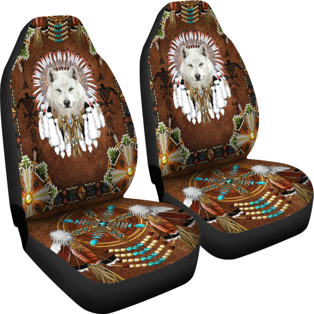 White Wolf With Headress Car Seat Cover LT10 - Wonder Print Shop