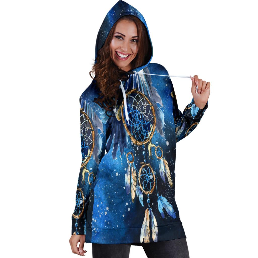 Blue Galaxy Dreamcatcher Native American Hoodie Dress LT10 - Wonder Print Shop