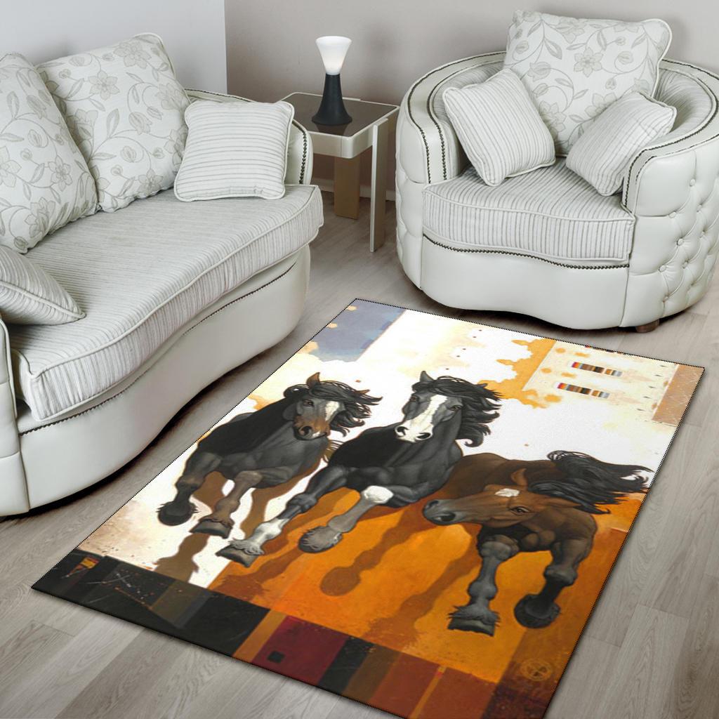 Horse portrait area rug with four running horses; orange accents, white field, dark border