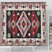 Decorative shower curtain with red, gray, and white geometric border and central diamond