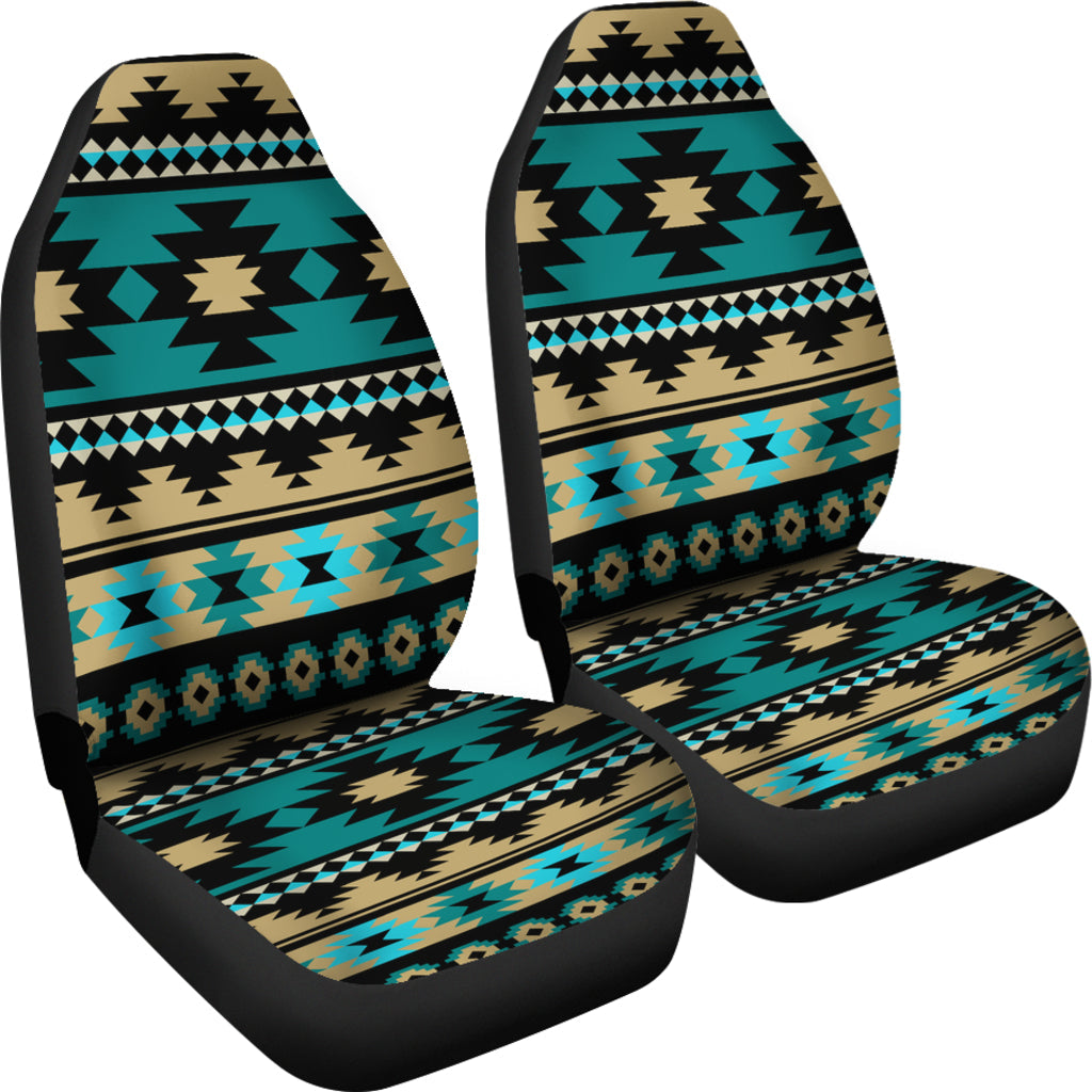 Pair of Aztec car seat covers featuring teal, tan and black tribal bands, headrests