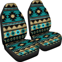 Pair of Aztec car seat covers featuring teal, tan and black tribal bands, headrests