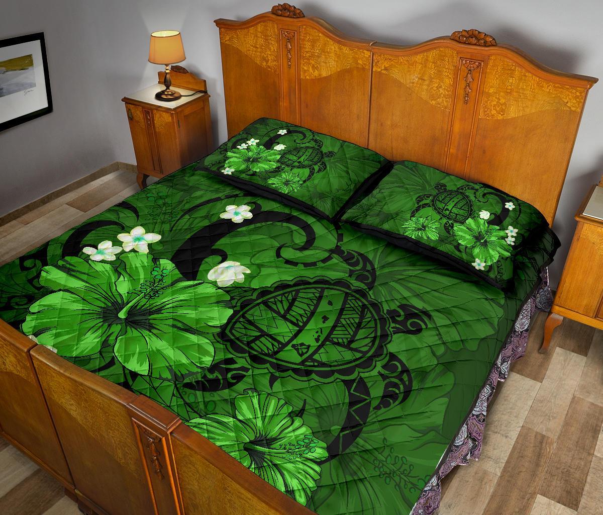 Hawaii Turtle Poly Tribal Quilt Bed Set - Green - Wonder Print Shop