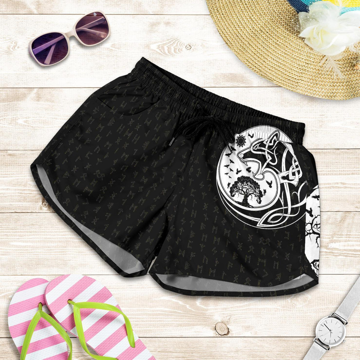 viking-womens-shorts-skoll-and-hati-rune-tattoo