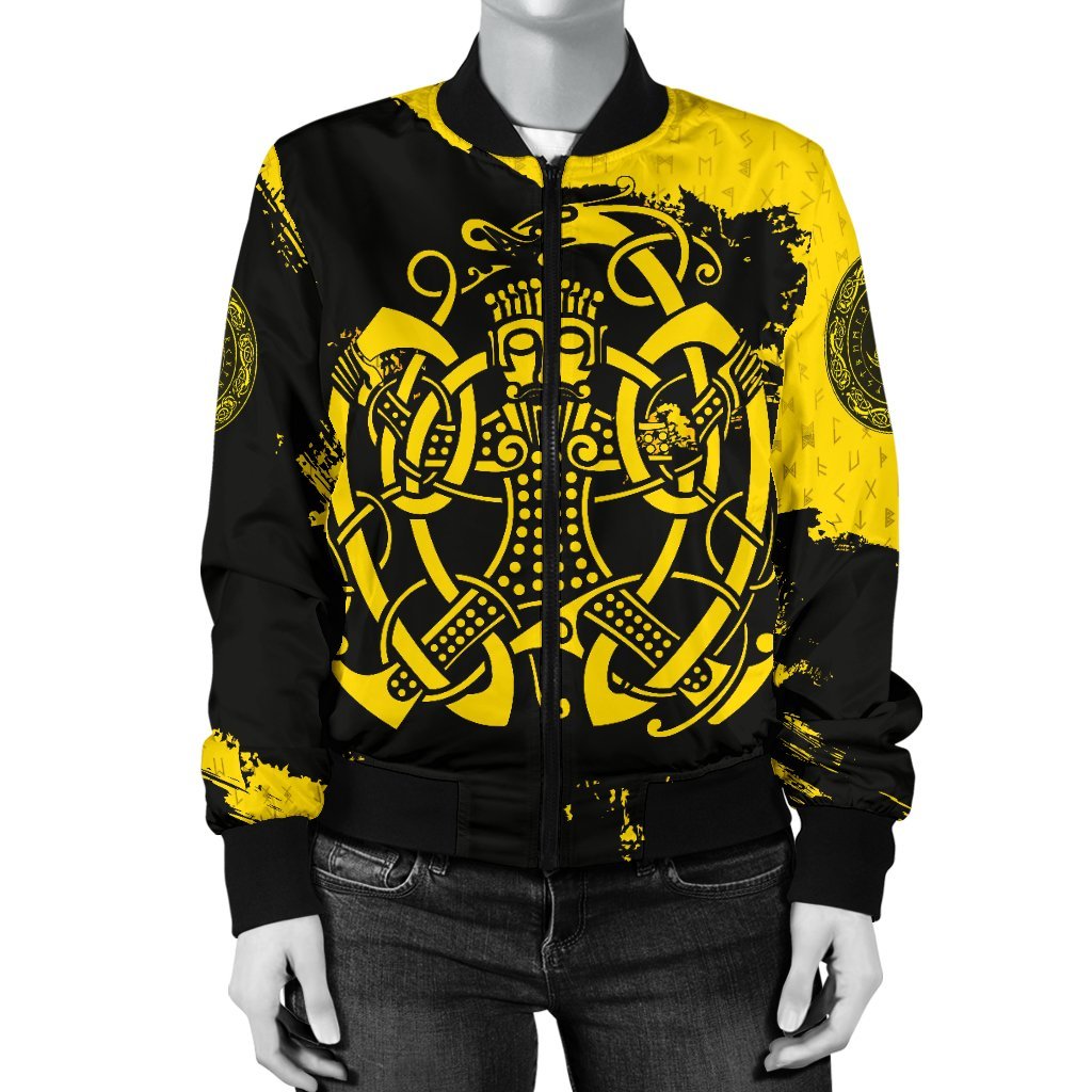 Viking Womens Bomber Jacket, Loki Bound Triskele Rune Gold RLT12 - Wonder Print Shop