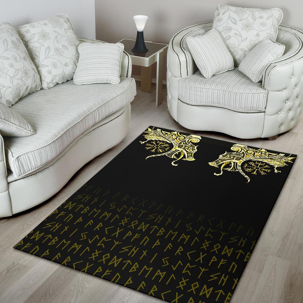 Viking Area Rug, Fenrir Raven and Vegvisir Tattoo Yellow RLT12 - Wonder Print Shop