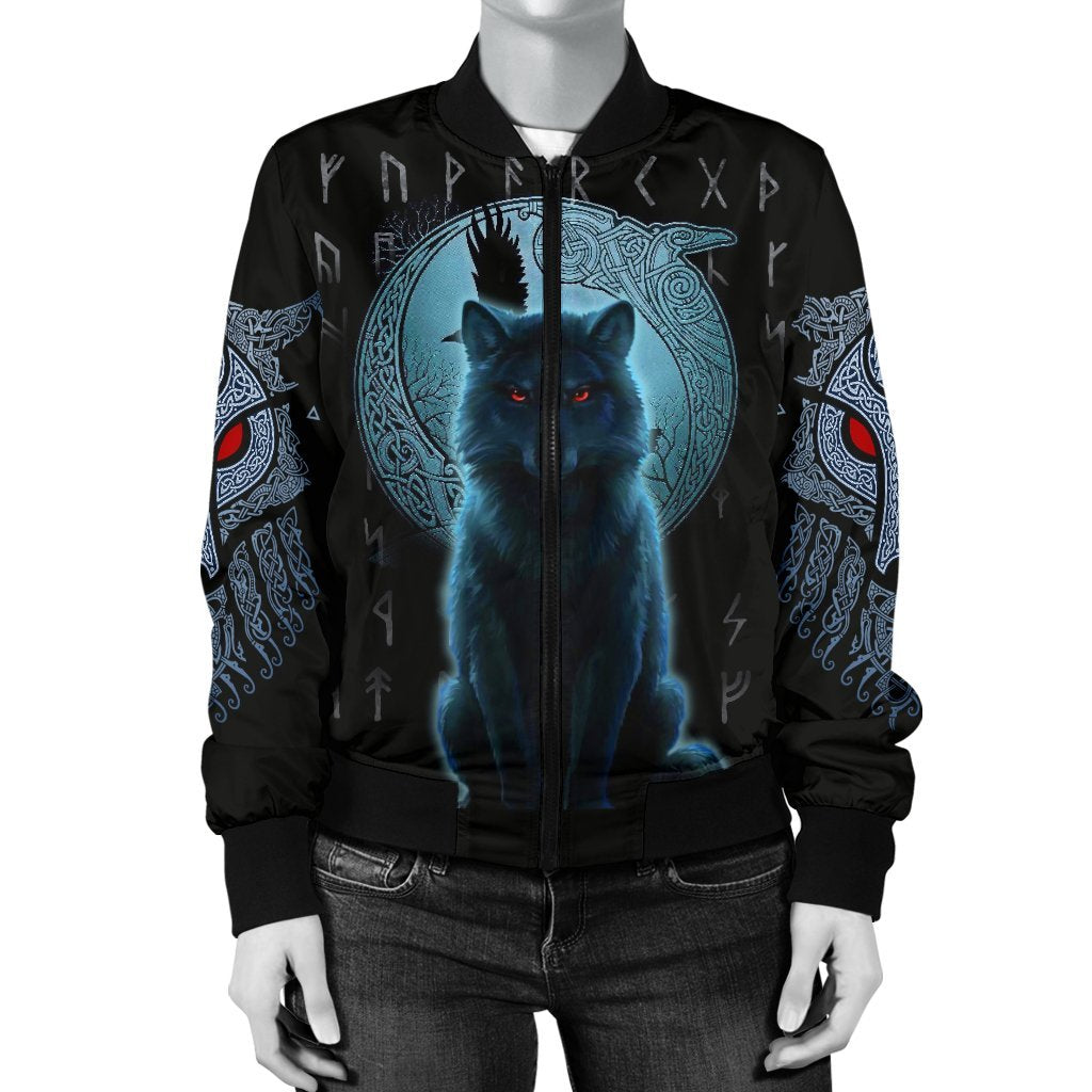 Viking Women's Bomber Jacket, Fenrir Viking Wolf and Moon RLT12 - Wonder Print Shop