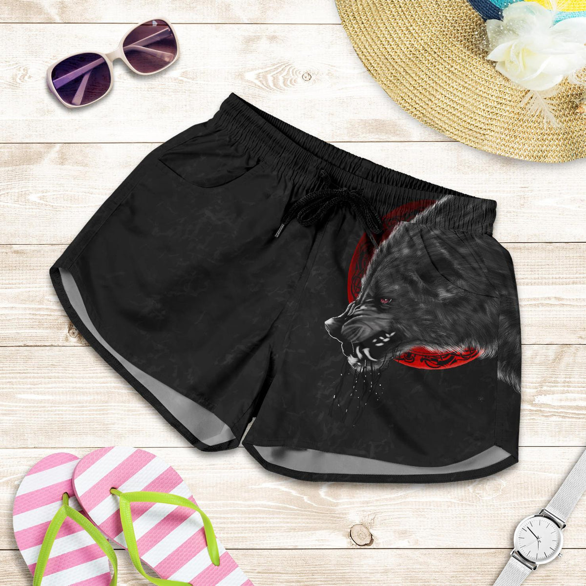 viking-womens-shorts-wolf-and-blood-moon