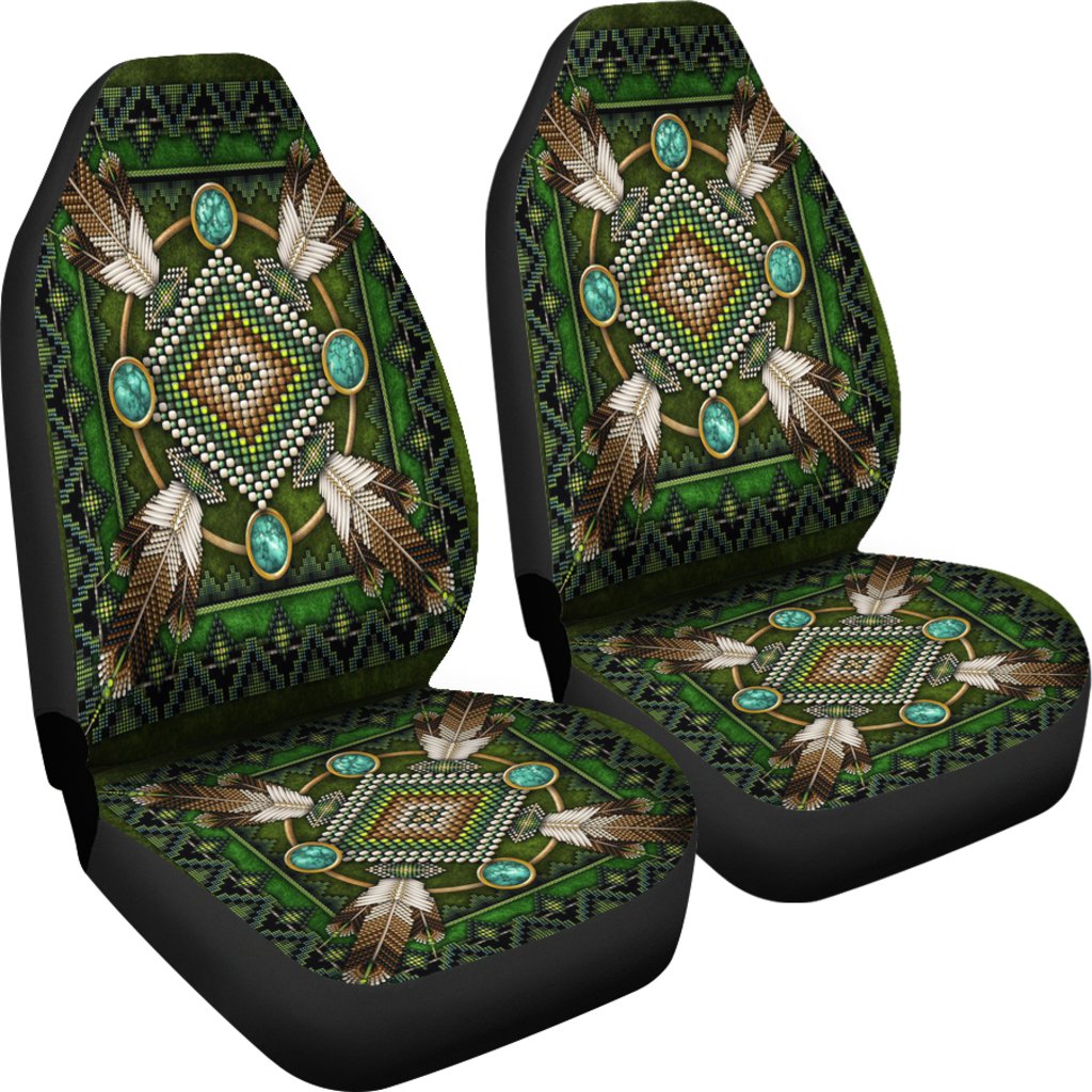 Pair of green native mandala seat covers with bead-like details and turquoise oval accents