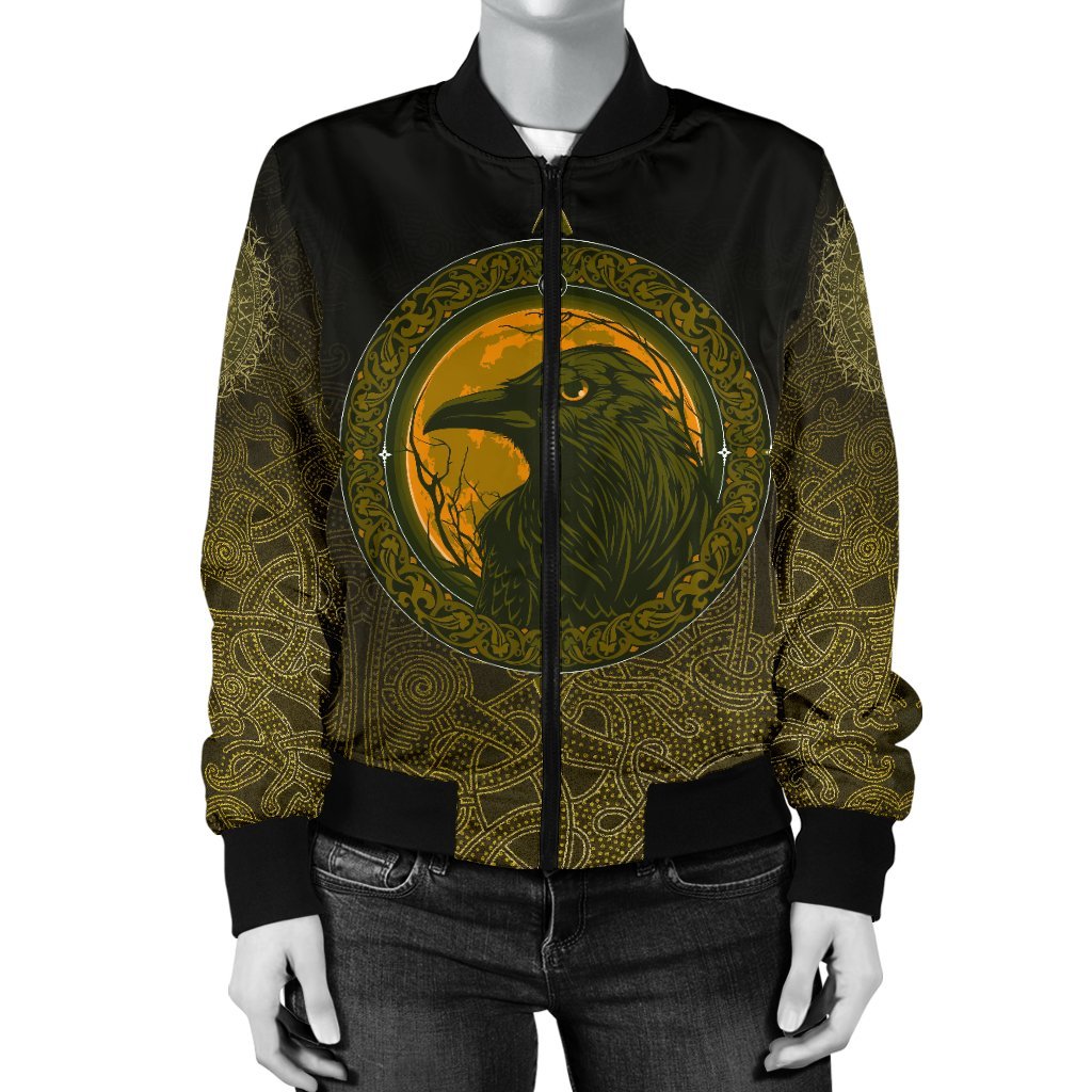 Viking Women's Bomber Jacket, Ethnic Odin Raven Gold RLT12 - Wonder Print Shop