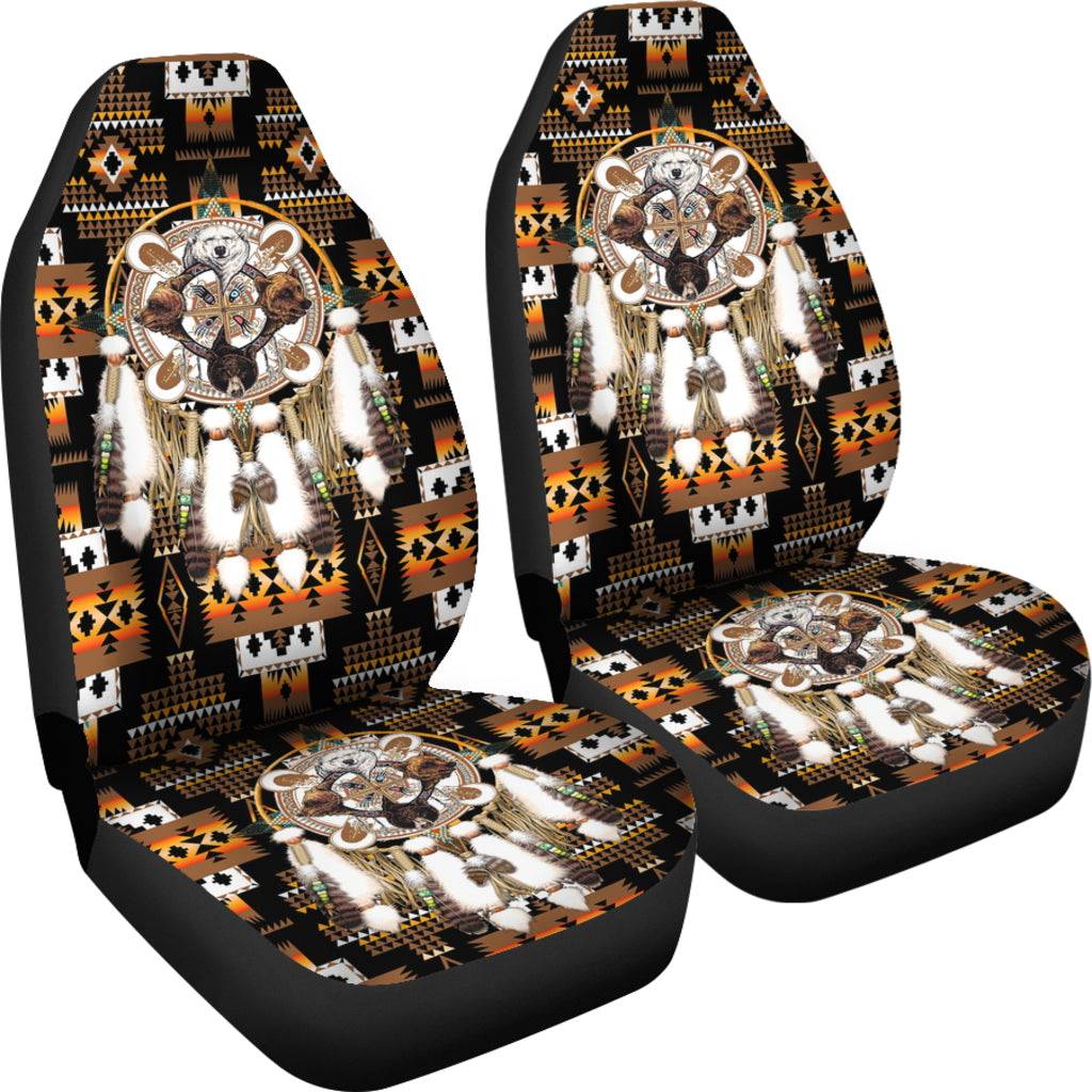 Front seat covers with multicolor bear dreamcatcher motifs and black headrests