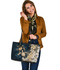 Kanaka Maoli (Hawaiian) Leather Tote - Sea Turtle Tropical Hibiscus and Plumeria Gold - Wonder Print Shop
