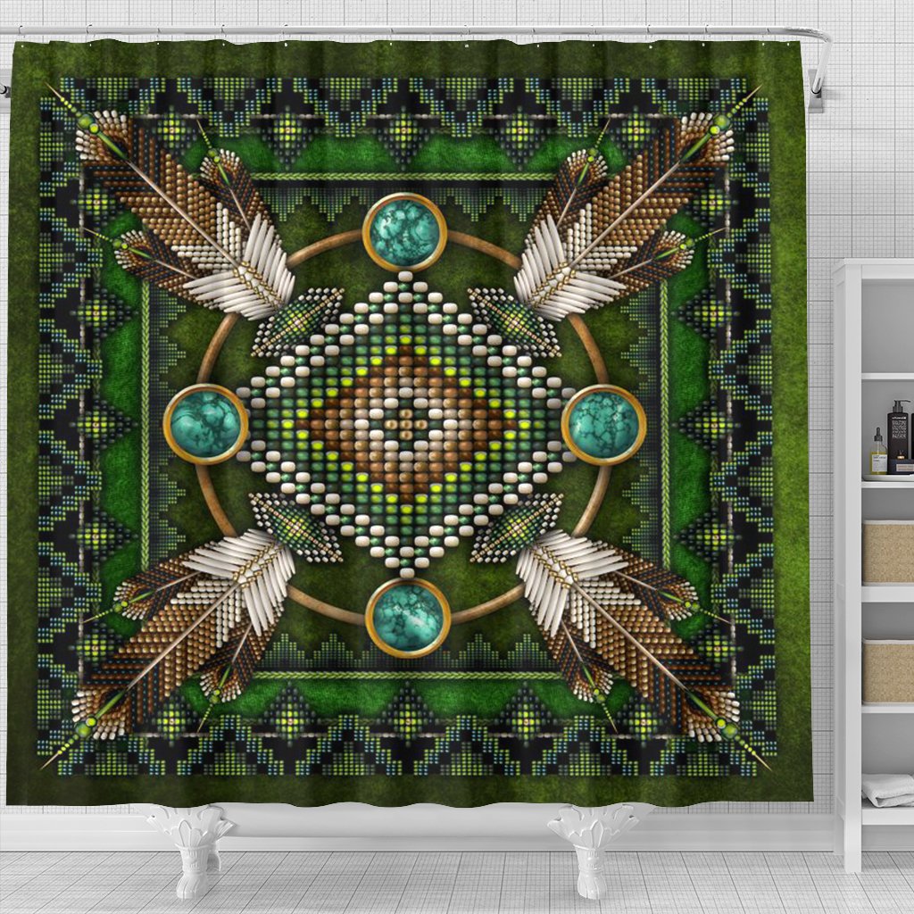Green shower curtain close-up of beaded mandala center with turquoise round accents