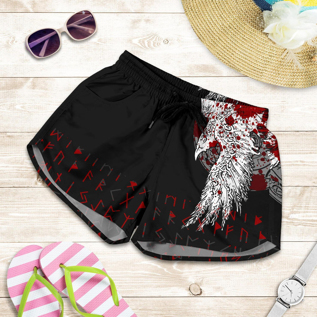 viking-womens-shorts-mystical-raven-tattoo-blood