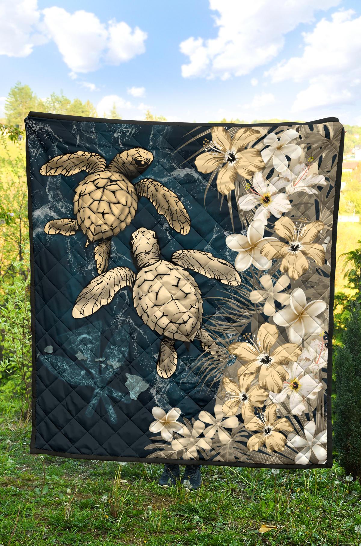 Kanaka Maoli (Hawaiian) Premium Quilt - Sea Turtle Tropical Hibiscus and Plumeria Gold - Wonder Print Shop