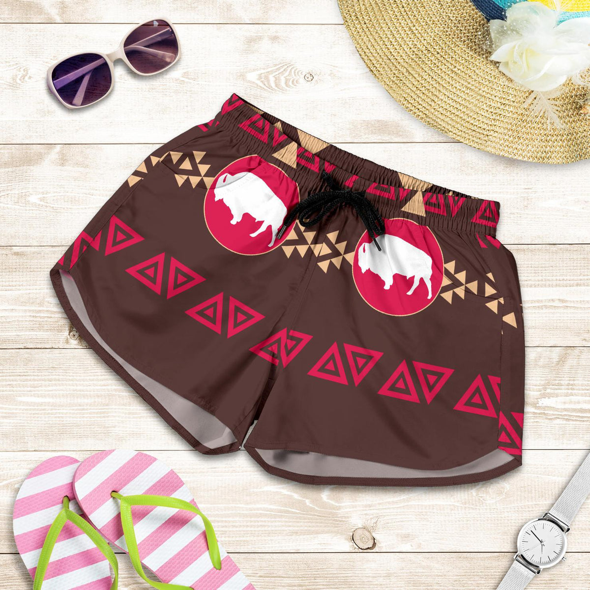 native-american-brown-bison-all-over-print-women-shorts