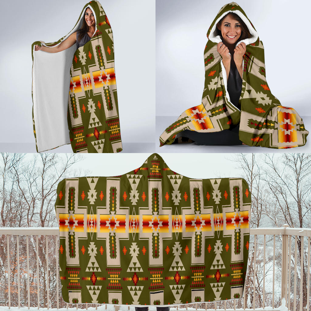 Olive hooded blanket with multicolor geometric print; cozy front view with hood up