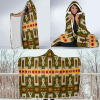 Olive hooded blanket with multicolor geometric print; cozy front view with hood up