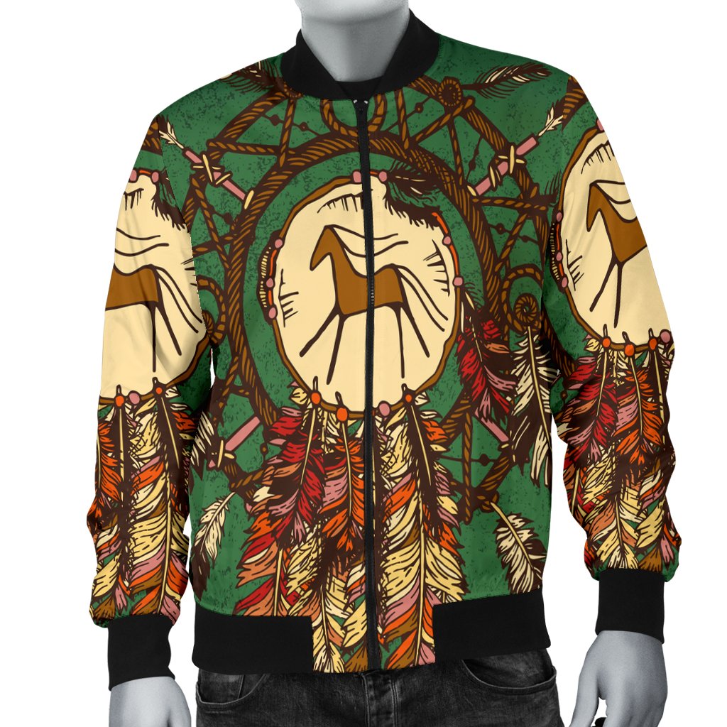 Green Native American bomber jacket with colorful feather pattern and horse face, ribbed hem