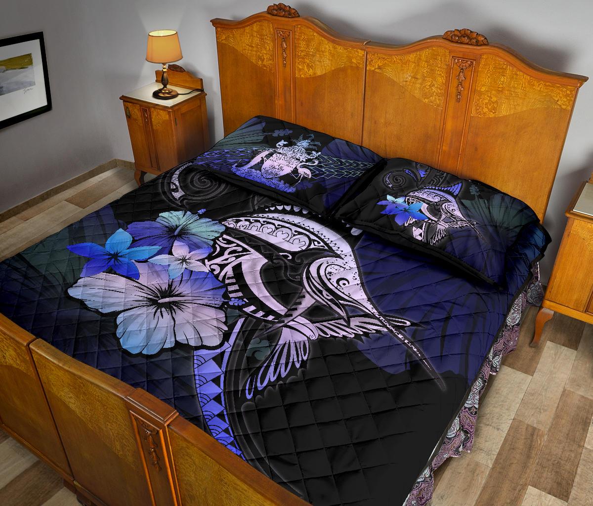 The Bahamas Quilt Bed Set - Purple Blue Marlin and Hibiscus - Wonder Print Shop