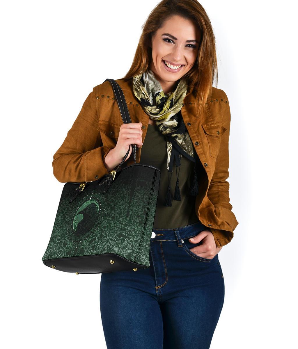 Viking Small Leather Tote Bag, Ethnic Odin Raven Green RLT12 - Wonder Print Shop