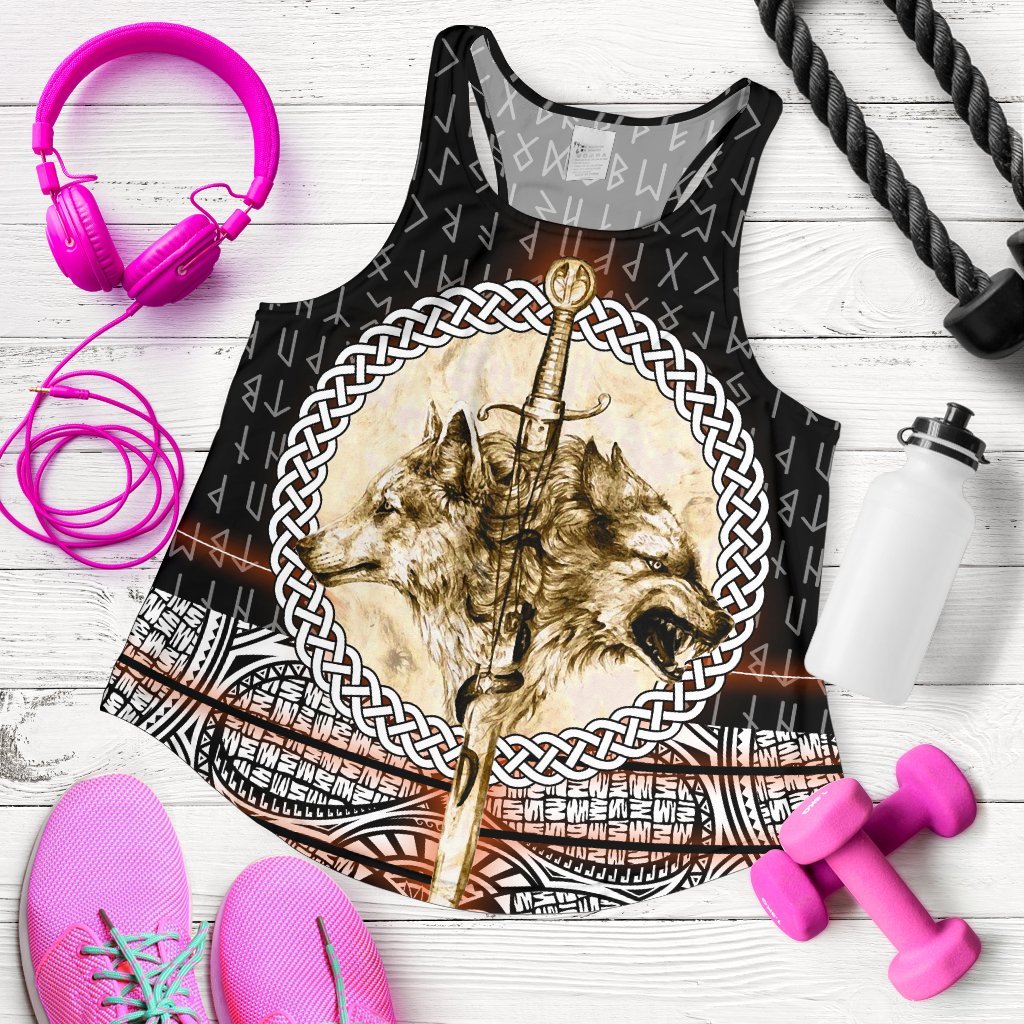 Viking Women's Racerback Tank - Wolf and Vikings Tattoo 3D RLT12 - Wonder Print Shop