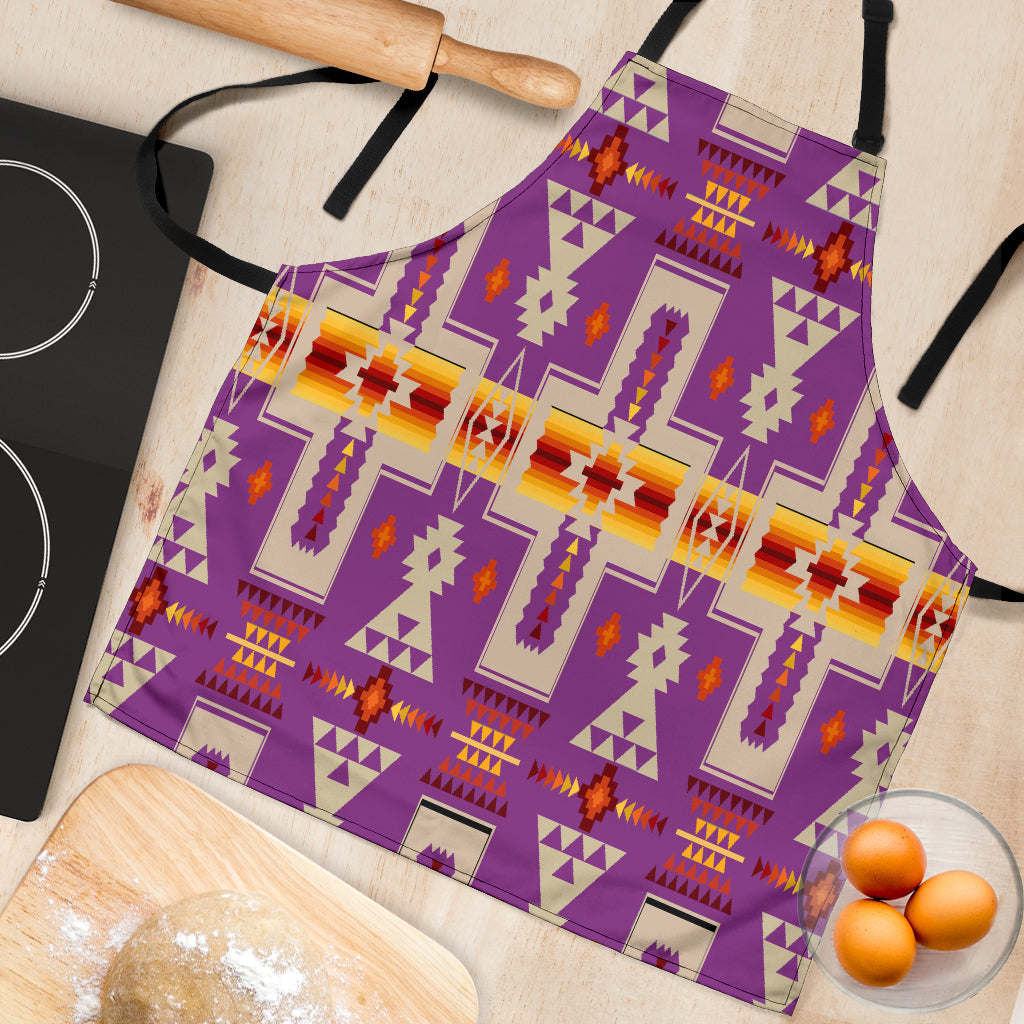 Close-up purple tribal patterned apron fabric with multicolor geometric motifs and straps