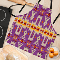 Close-up purple tribal patterned apron fabric with multicolor geometric motifs and straps