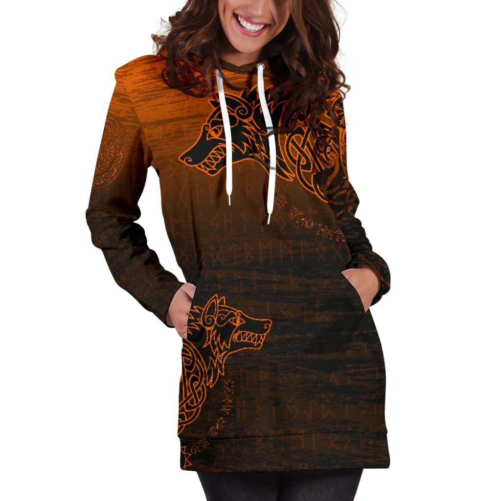 Viking Women's Hoodie Dress, Skoll and Hati Orange RLT12 - Wonder Print Shop