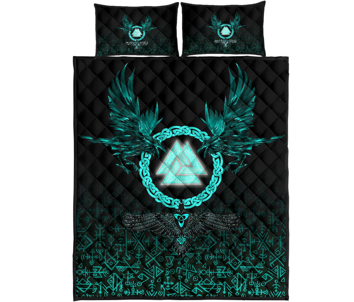Viking Quilt Bed Set Three Raven and Valknut Cyan RLT12 - Wonder Print Shop