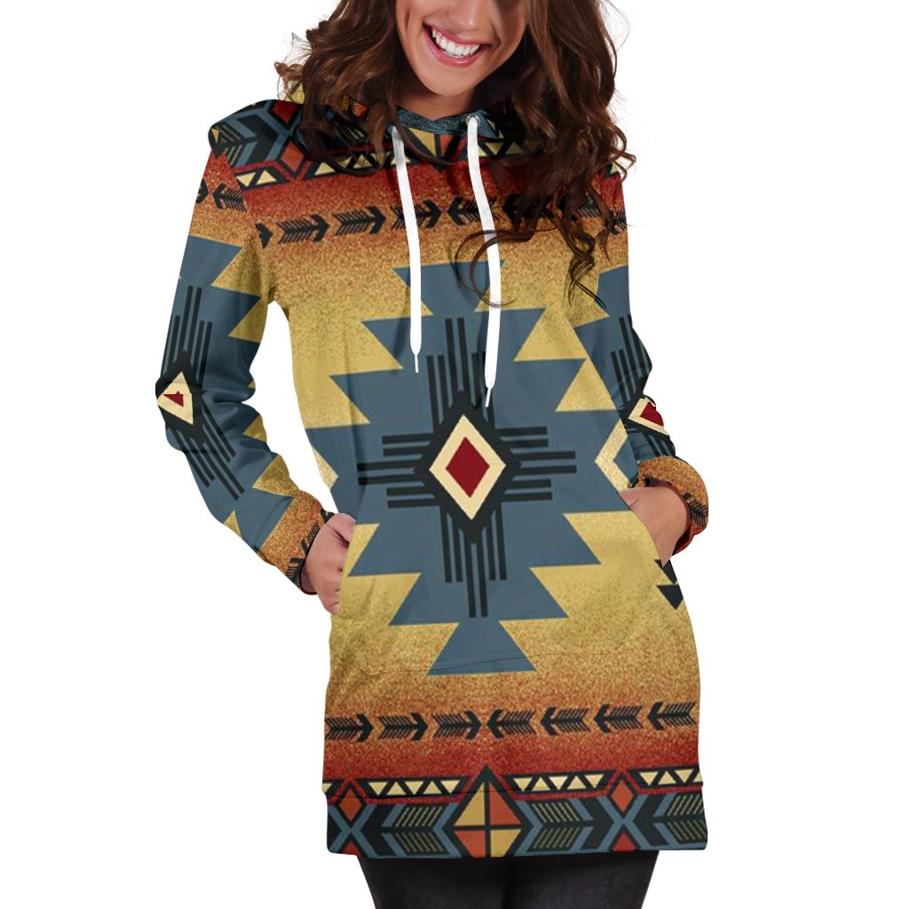 Blue Diamond Triangles Native American Hoodie Dress LT10 - Wonder Print Shop